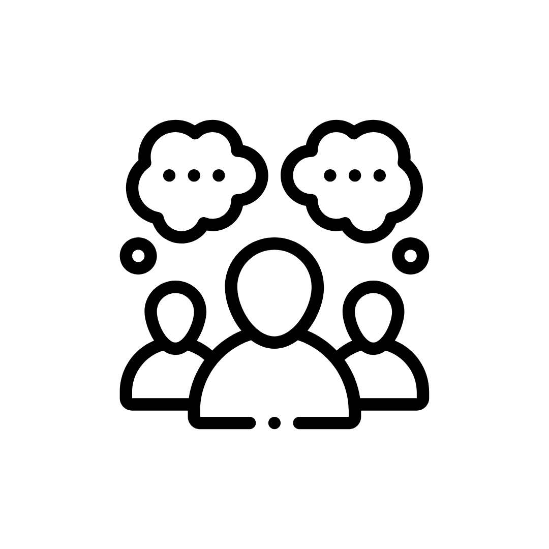 Icon: Drei Personen mit Sprechblasen – symbolisiert Kommunikation und Austausch