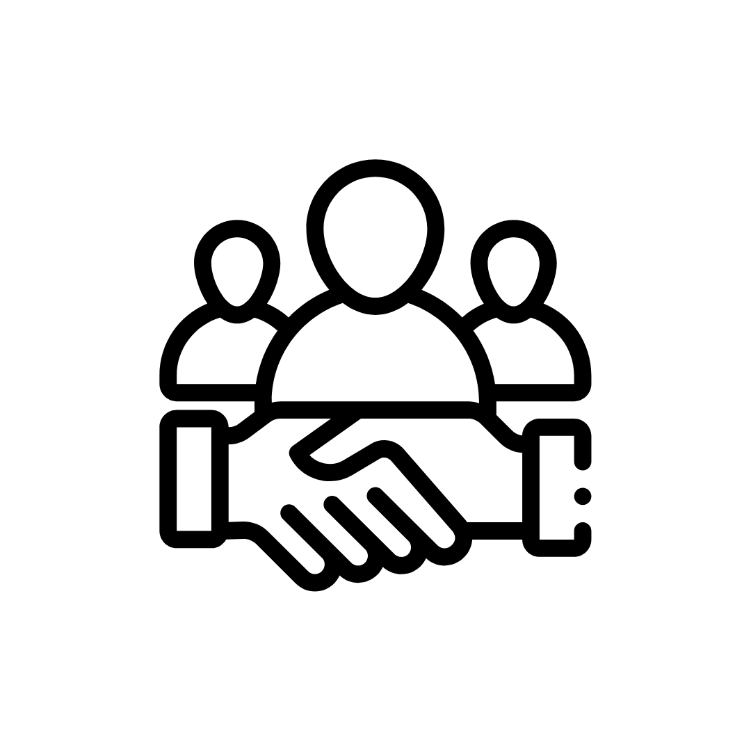 Icon: Drei Personen, von denen zwei sich die Hand geben – steht für Wertschätzung und Vertrauen.