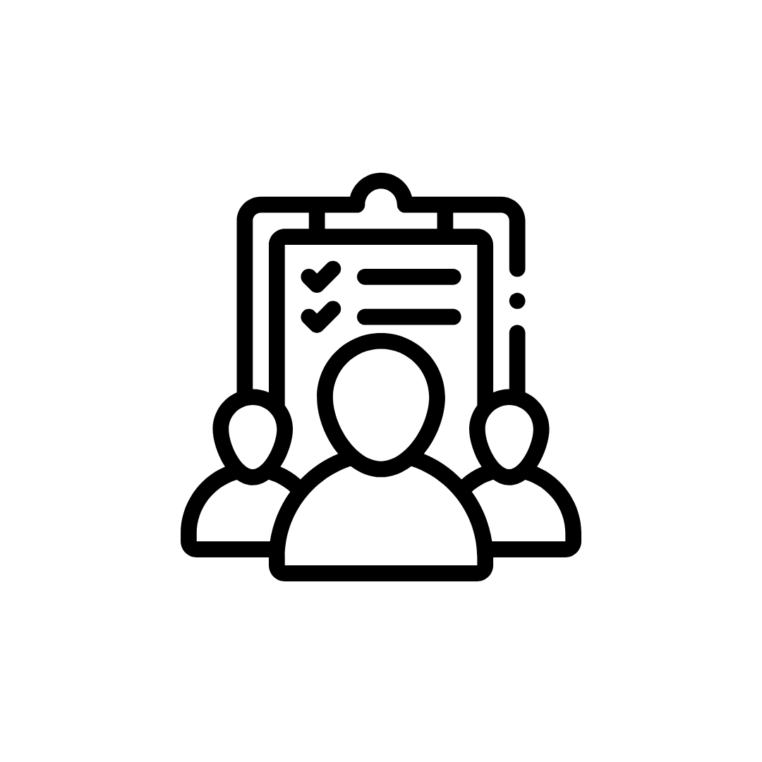 Icon: Drei Personen vor einem Clipboard mit Häkchen – symbolisiert Teamgeist und gemeinsames Arbeiten.