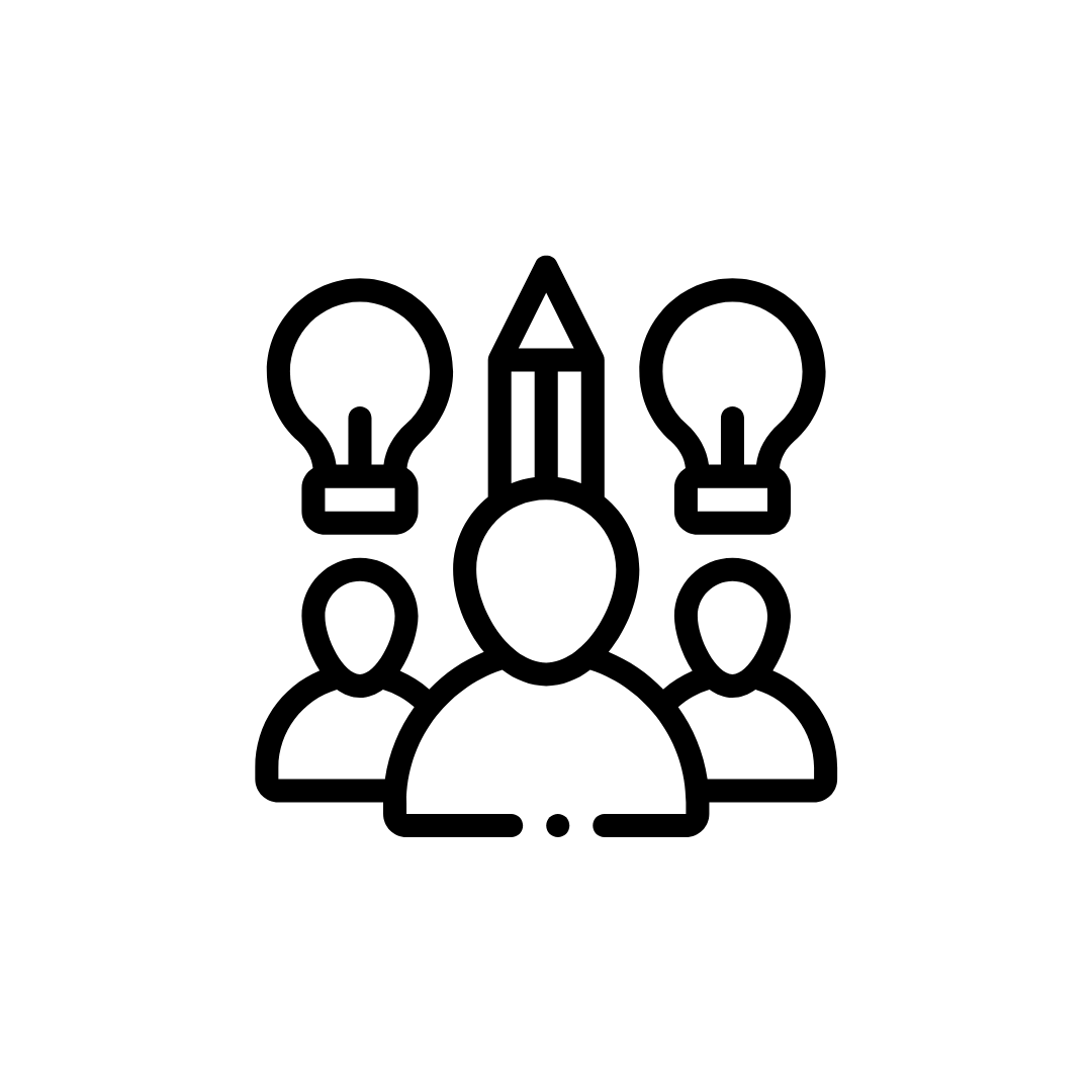 Icon: Drei Personen mit Glühbirnen über den Köpfen – steht für positive Einstellung und Ideen.